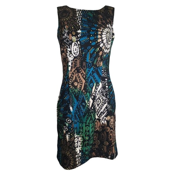 CONNECTED APPAREL Blue Brown Geometric Sleeveless Zip Back Dress Womens Size 6 - Picture 1 of 6